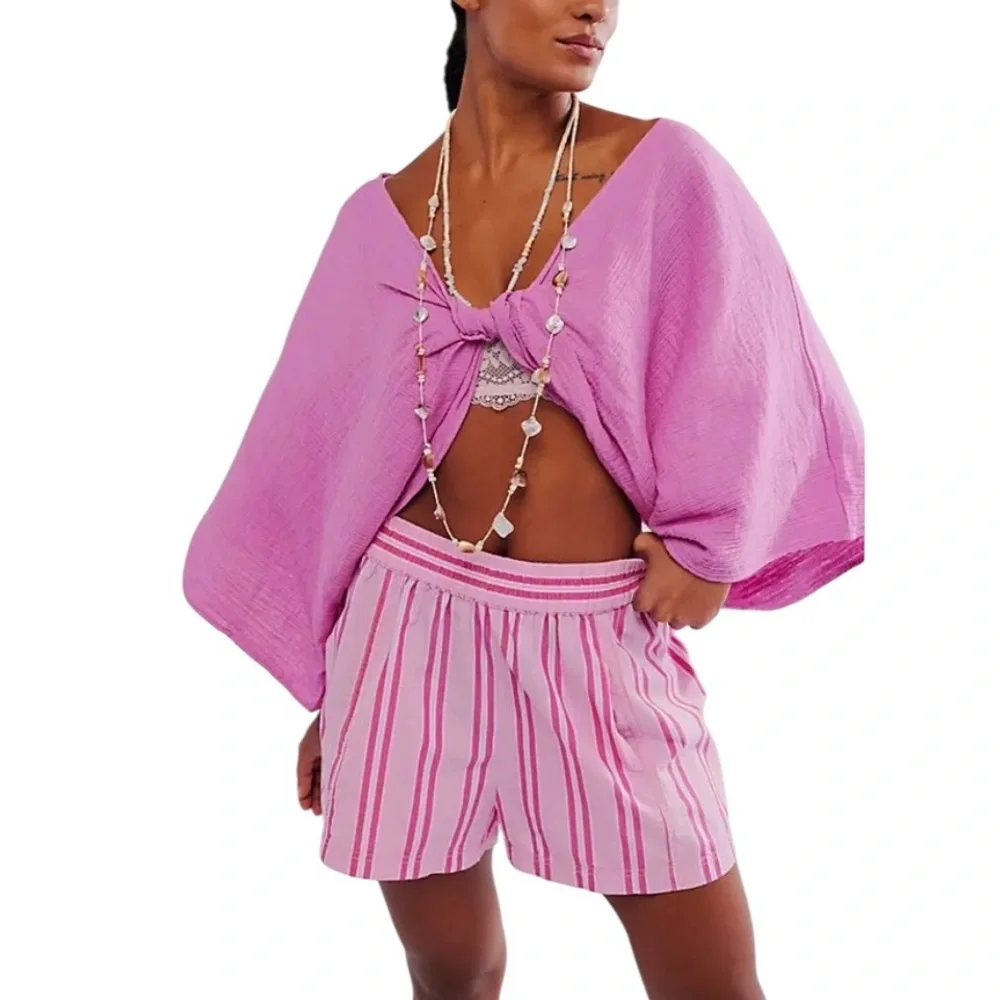 Free People Linen Twist Front Cropped Top in Orchid, Magenta OS - Picture 3 of 9